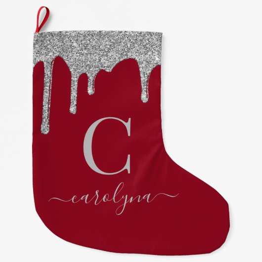 Silver Sparkle Glitter Drips op Red Monogram Grote Kerstsok (Voorkant)