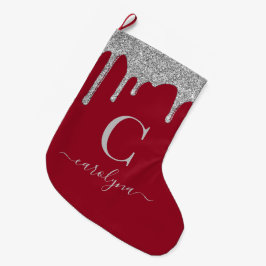 Silver Sparkle Glitter Drips op Red Monogram Grote Kerstsok