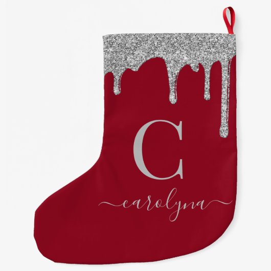 Silver Sparkle Glitter Drips op Red Monogram Grote Kerstsok (Achterkant)