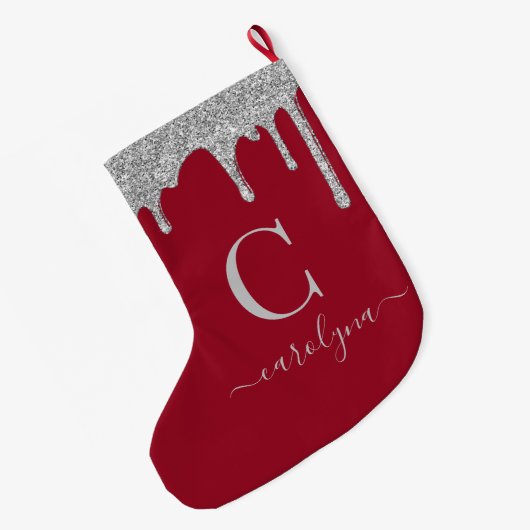 Silver Sparkle Glitter Drips op Red Monogram Grote Kerstsok (Achterkant (Hangend))