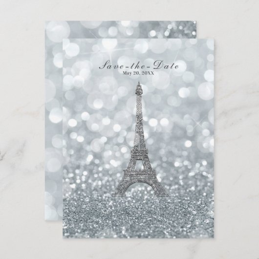 Silver Sparkle Glitter Eiffel Tower sparen de Datu Aankondigingskaart (Voorkant / Achterkant)