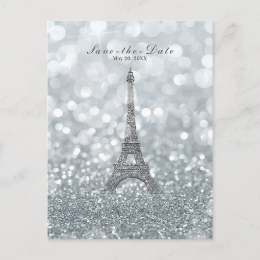 Silver Sparkle Glitter Eiffel Tower sparen de Datu Aankondigingskaart (Voorkant)