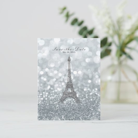 Silver Sparkle Glitter Eiffel Tower sparen de Datu Aankondigingskaart (Staand voorkant)