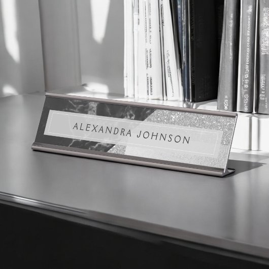 Silver Sparkle Glitter Folie en zwart marmer Bureau Naambordje