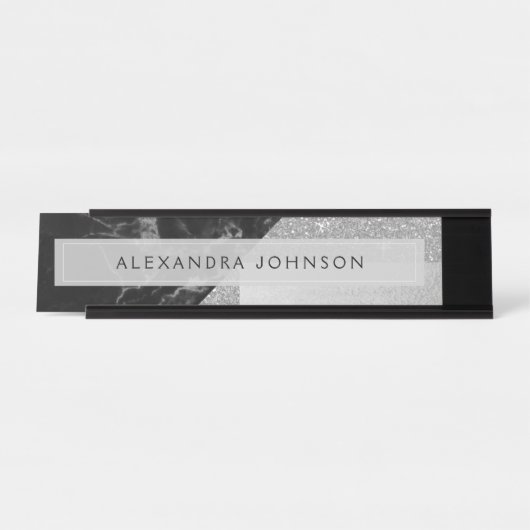 Silver Sparkle Glitter Folie en zwart marmer Bureau Naambordje (Voorkant)