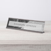 Silver Sparkle Glitter Folie en zwart marmer Bureau Naambordje (Voorkant)
