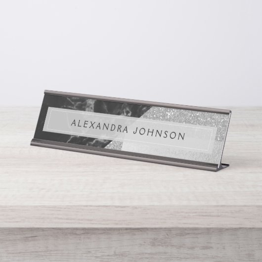 Silver Sparkle Glitter Folie en zwart marmer Bureau Naambordje (Voorkant)