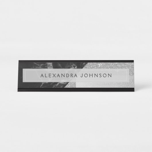 Silver Sparkle Glitter Folie en zwart marmer Bureau Naambordje (Voorkant)