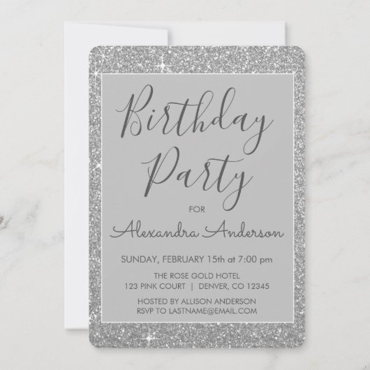 Silver Sparkle Glitter Girly Verjaardagsfeestje Kaart (Achterkant)