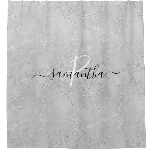 Silver Sparkle Glitter Marble Monogram Naam Douchegordijn (Voorkant)