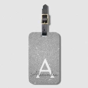 Silver Sparkle Glitter Monogram Naam Bagagelabel