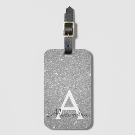 Silver Sparkle Glitter Monogram Naam Bagagelabel (Voorkant (verticaal))