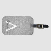 Silver Sparkle Glitter Monogram Naam Bagagelabel (Voorkant (horizontaal))