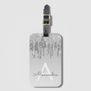 Silver Sparkle Glitter Monogram Naam Bagagelabel