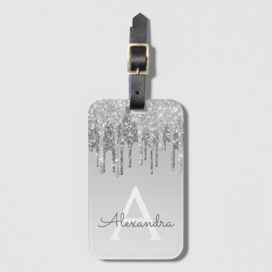 Silver Sparkle Glitter Monogram Naam Bagagelabel (Voorkant (verticaal))