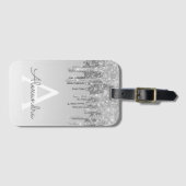 Silver Sparkle Glitter Monogram Naam Bagagelabel (Voorkant (horizontaal))