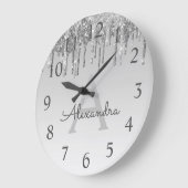 Silver Sparkle Glitter Monogram Naam en Initiaal Grote Klok (Hoek)