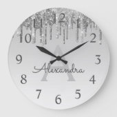 Silver Sparkle Glitter Monogram Naam en Initiaal Grote Klok (Voorkant)