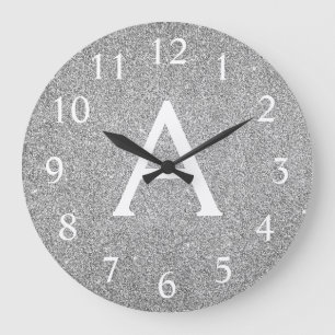 Silver Sparkle Glitter Monogram Naam en Initiaal Grote Klok