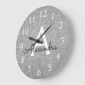 Silver Sparkle Glitter Monogram Naam en Initiaal Grote Klok (Hoek)