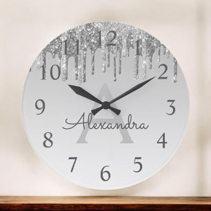 Silver Sparkle Glitter Monogram Naam en Initiaal Grote Klok
