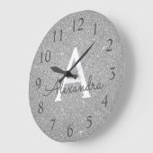 Silver Sparkle Glitter Monogram Naam en Initiaal Grote Klok (Hoek)