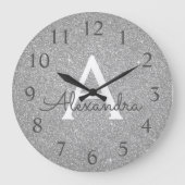 Silver Sparkle Glitter Monogram Naam en Initiaal Grote Klok (Voorkant)