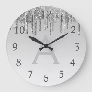 Silver Sparkle Glitter Monogram Naam en Initiaal Grote Klok