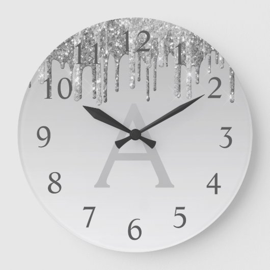 Silver Sparkle Glitter Monogram Naam en Initiaal Grote Klok (Voorkant)