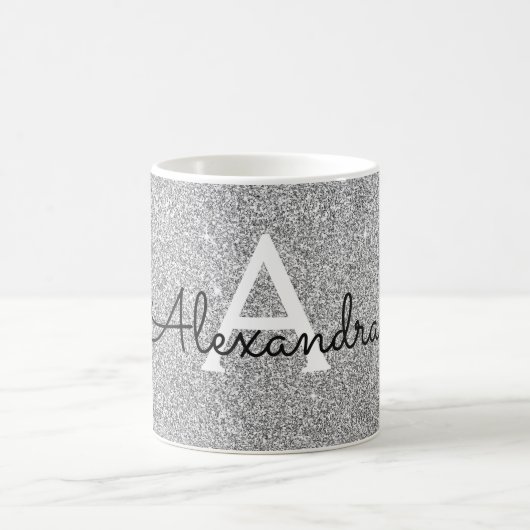 Silver Sparkle Glitter Monogram Naam en Initiaal Koffiemok (Center)