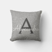 Silver Sparkle Glitter Monogram Naam en Initiaal Kussen (Voorkant)