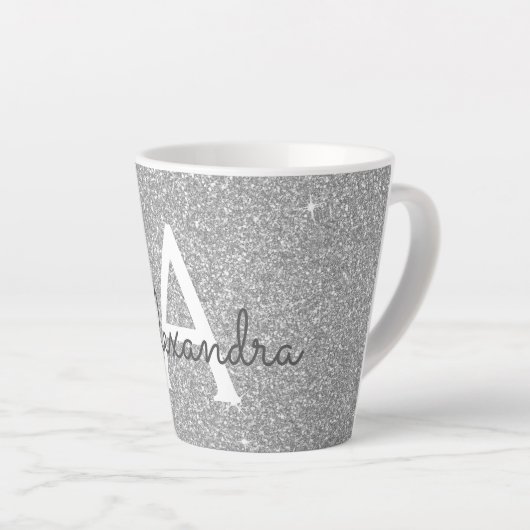 Silver Sparkle Glitter Monogram Naam en Initiaal Latte Mok (Rechterhoek)
