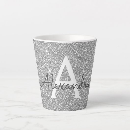 Silver Sparkle Glitter Monogram Naam en Initiaal Latte Mok (Voorkant)