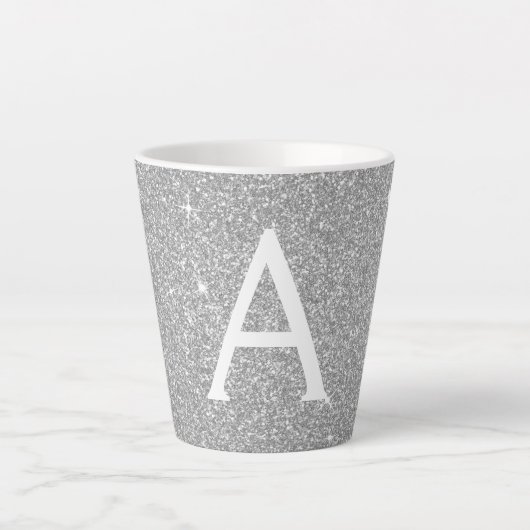 Silver Sparkle Glitter Monogram Naam en Initiaal Latte Mok (Voorkant)