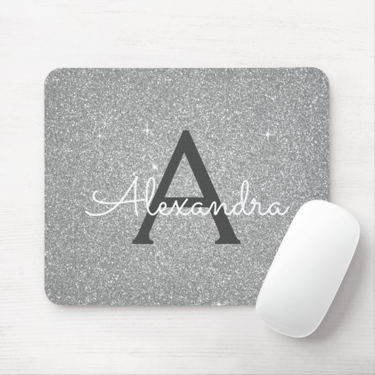 Silver Sparkle Glitter Monogram Name Mousepad Muismat (Met muis)