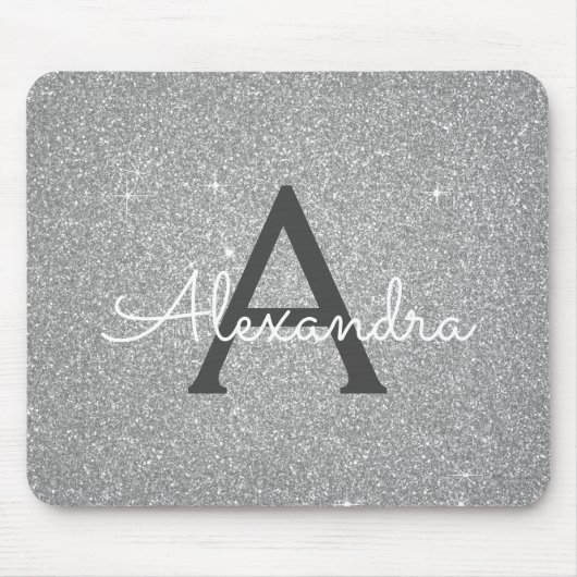 Silver Sparkle Glitter Monogram Name Mousepad Muismat (Voorkant)