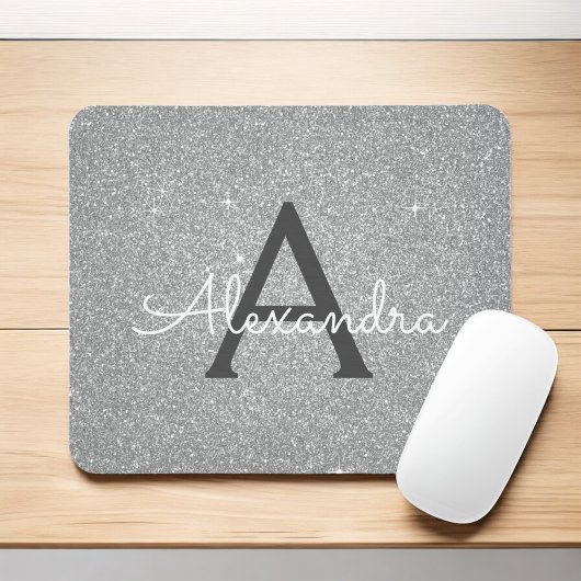 Silver Sparkle Glitter Monogram Name Mousepad Muismat