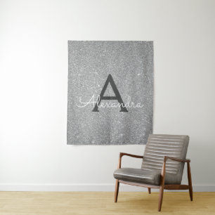 Silver Sparkle Glitter Monogram Tapestry Wandkleed
