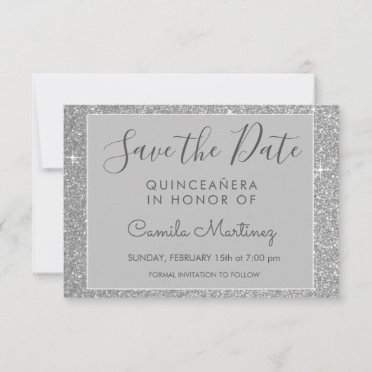 Silver Sparkle Glitter Quinceanera De datum opslaa Save The Date (Achterkant)