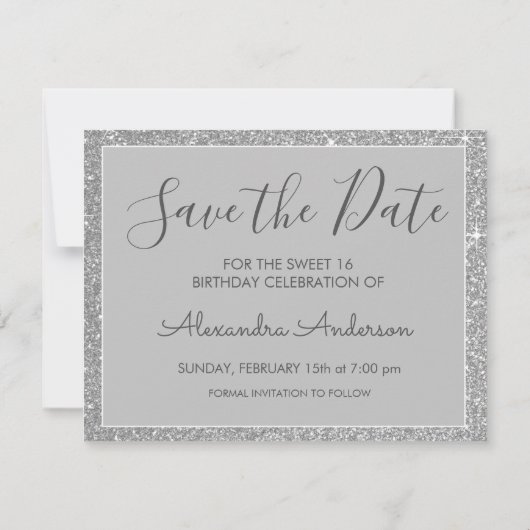 Silver Sparkle Glitter Sweet 16 Save the Date (Achterkant)