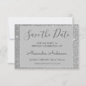 Silver Sparkle Glitter Sweet 16 Save the Date (Achterkant)
