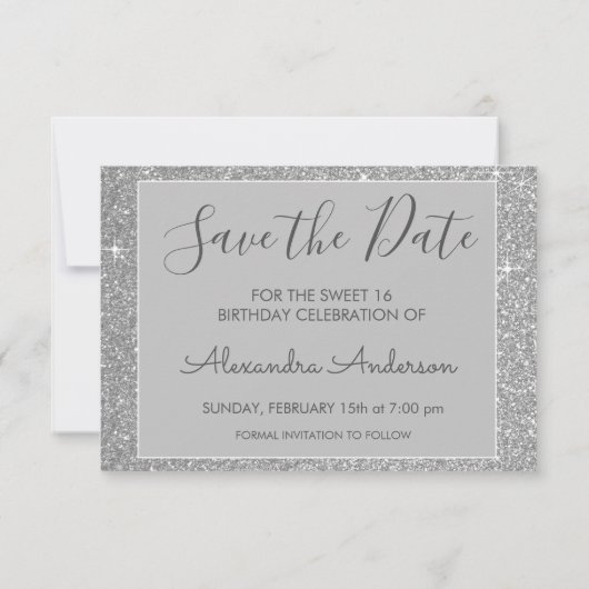 Silver Sparkle Glitter Sweet 16 Save the Date (Achterkant)