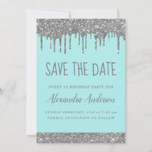 Silver Sparkle Glitter Sweet 16 Save the Date Kaart