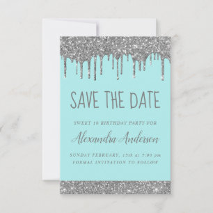 Silver Sparkle Glitter Sweet 16 Save the Date Kaart