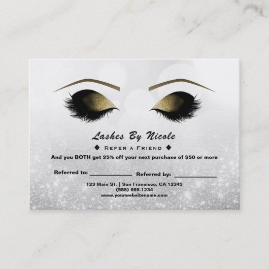 Silver Sparkle Lashes Refer Friend Aftercare Aanbevelingskaartje (Voorkant)