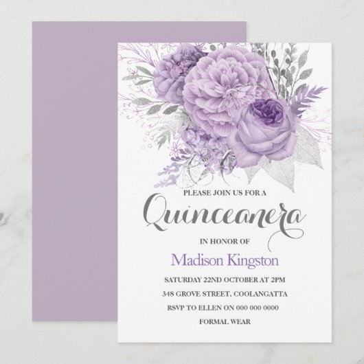 Silver Sparkle Lavender Quinceanera Party Invite Kaart (Voorkant / Achterkant)