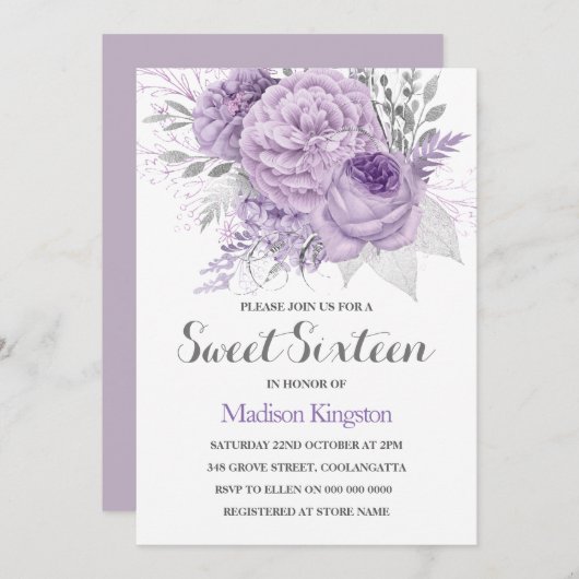 Silver Sparkle Lavender Sweet Sixteen Invite Kaart (Voorkant / Achterkant)