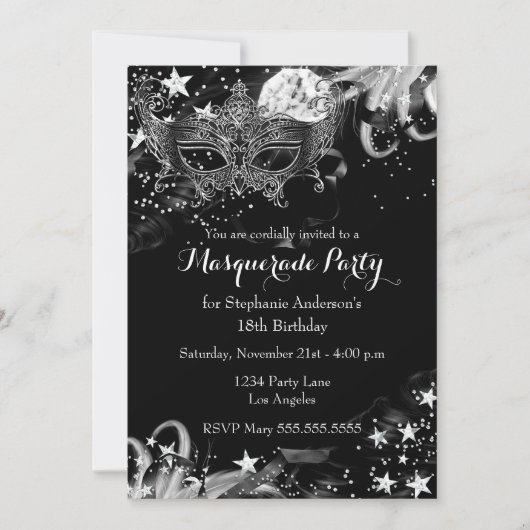 Silver Sparkle Magical Night Masquerade Invitation Kaart (Voorkant)
