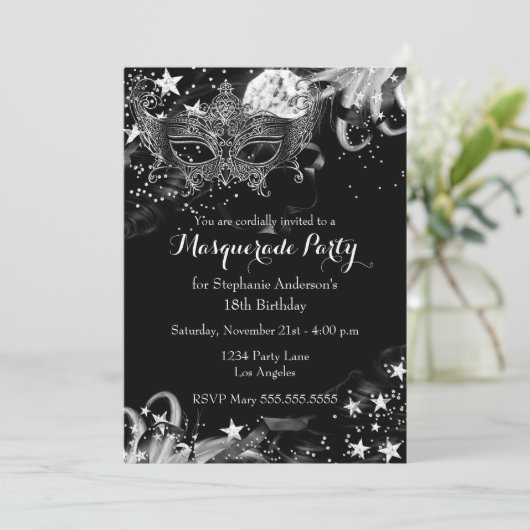 Silver Sparkle Magical Night Masquerade Invitation Kaart (Staand voorkant)