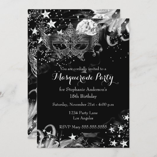 Silver Sparkle Magical Night Masquerade Invitation Kaart (Voorkant / Achterkant)